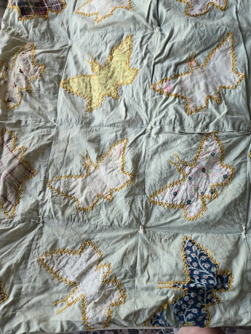 Vintage Full Butterfly Square Cotton Feedsack Quilt Distressed 84